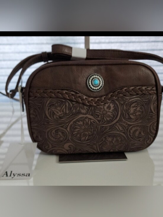 Alyssa Handbags - Western Style Embossed Brown Vegan Leather Crossbody Bag with Turquoise Accent